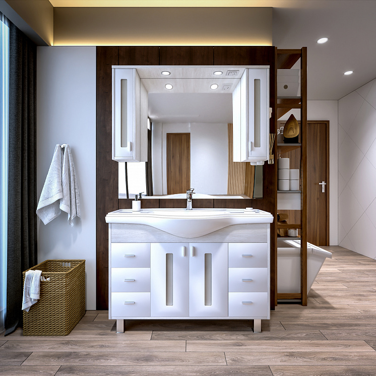 Комплект мебели для ванной Бали 120 Светлая лиственница / белый глянец
