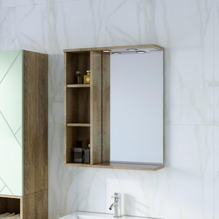 Зеркало для ванной Кристалл 60 с открытым навесным шкафчиком фисташка