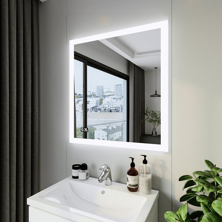 Зеркало для ванной Вега/Мальта 85  с подсветкой и часами, включение на взмах руки, Белый глянец