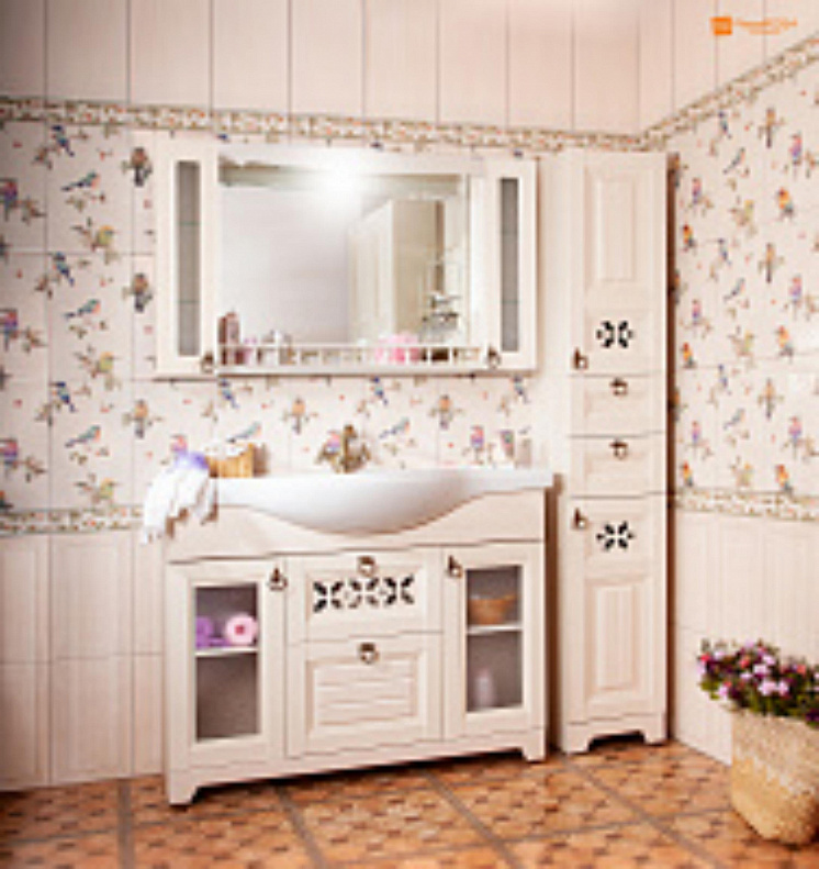Зеркало для ванной Кантри 125 Бежевый дуб прованс с двумя шкафчиками и балюстрадой