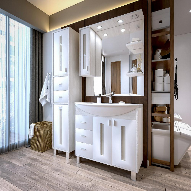 Комплект мебели для ванной Бали 85 Светлая лиственница / белый глянец