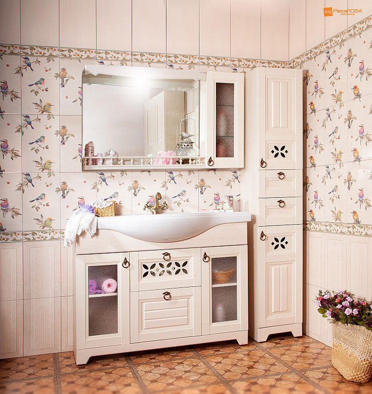 Зеркало для ванной Кантри 115 Бежевый дуб прованс со шкафчиком и балюстрадой