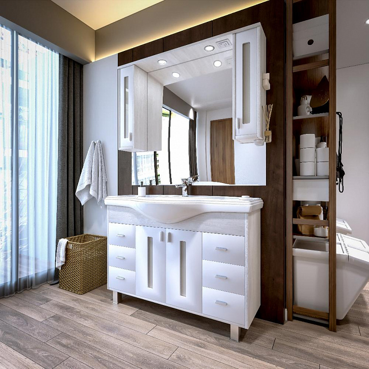 Комплект мебели для ванной Бали 120 Светлая лиственница / белый глянец